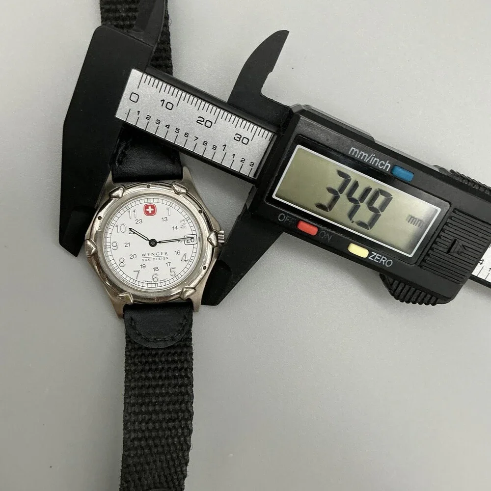 Wenger SAK Design Mens Watch 35mm Silver Tone Black Band Swiss New Battery